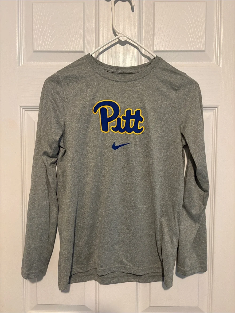 Kids Nike Gray Long-Sleeve Pitt Logo Tee with Blue & Yellow Accents